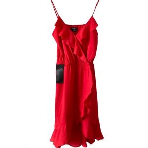 BEBE RED SURPLICE RUFFLE HI LOW DRESS